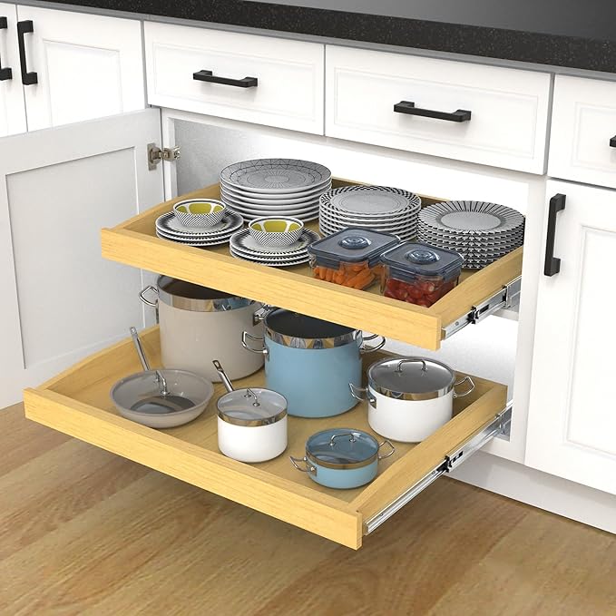 Wooden Pull out Cabinet Organizer 17" W x 21" D x 3.35" H, Heavy Duty Slide Out Drawers Pull-Out Home Organizers for Kitchen Cabinets