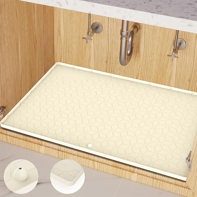 Under Sink Mat, 19"x22" Under Sink Mats for Kitchen, Silicone Waterproof Under Sink Liner, Sink Cabinet Organizer Tray with Drain Hole (Beige, 19X22)