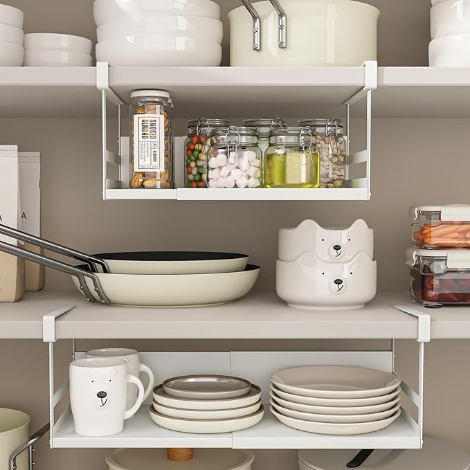 Expandable Under Cabinet Shelf Organizer with 0.94-Inch Thick Clips, Heavy Duty Extendable Under Shelf Storage Basket for Pantry or Laundry Room, White, 1 Pack, Interior: 5.7" H x 7.2" D