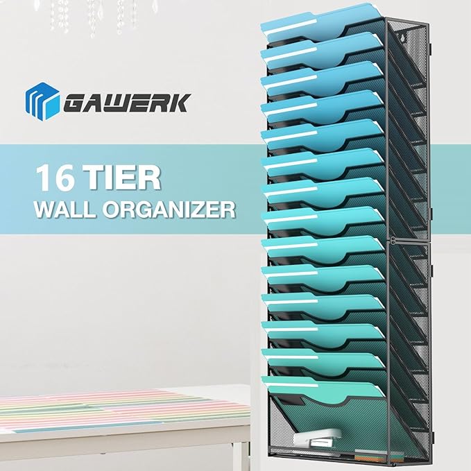 15-Tier Wall File Organizer Hanging Wall File Holder Wall Mount Paper Folder Organize, Mesh Magazine Document Mail Organizer Wall Organizer for Office School Home, Black