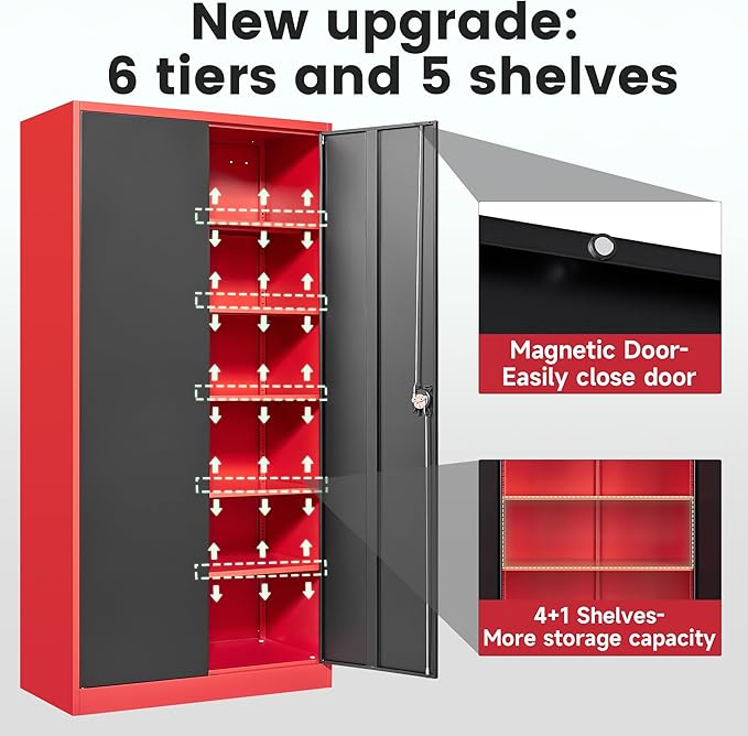 Letaya Metal Storage Cabinets with Lock, 71" Tall Locker Organizer Steel Cabinets, Adjustable Shelves 2 Doors for Home, Office, Warehouse,Garage,Industrial,Employee Lockers (Style B, Black Red)