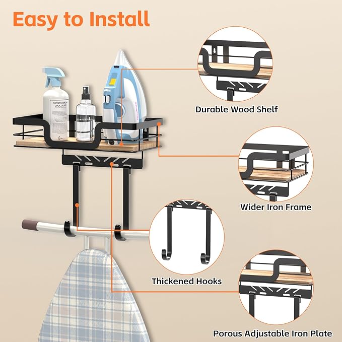 Ironing Board Holder Wall Mount, Laundry Room Organization Storage, Black, T&V Shaped Space Saving Ironing Board Hanger for Laundry Room Decor and Accessories