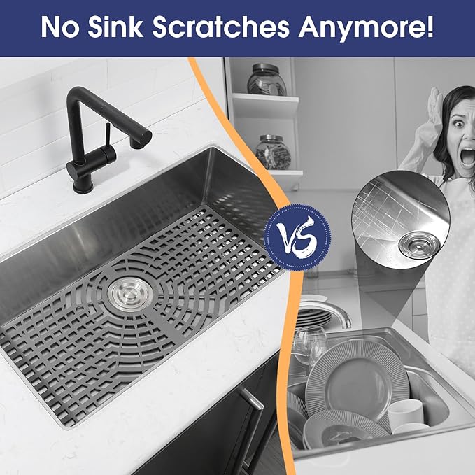 Silicone Sink Protector 30"x16" Rear Drain Hole, Heat Resistant Non-slip Dishwasher Suitable, Large Sink Mat for Bottom of Farmhouse Kitchen Stainless Steel Sinks