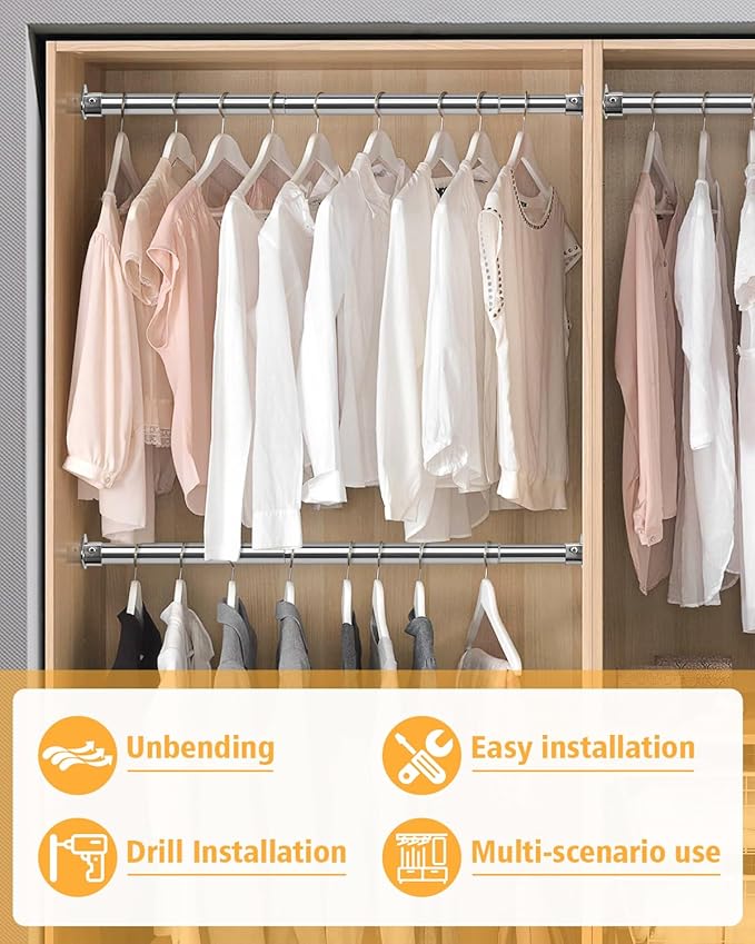 Closet Rod, 17 to 76 Inch Heavy Duty Adjustable Metal Clothing Rack for Hanging Clothes, Closet Poles for Wardrobes, Laundry, Durable Steel, Silver