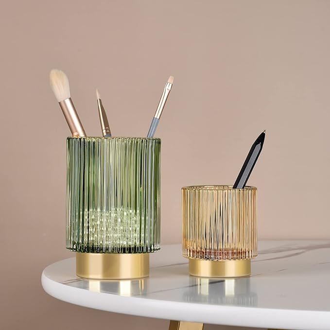 CANITORON Makeup Brush Holder,Glass Makeup Brush Holder Organizer Store Cosmetic Tools,Eyeliner,Storage Organizer for Vanity,Bathroom Countertop Organize and Bedroom Countertop Storage.(Green L)