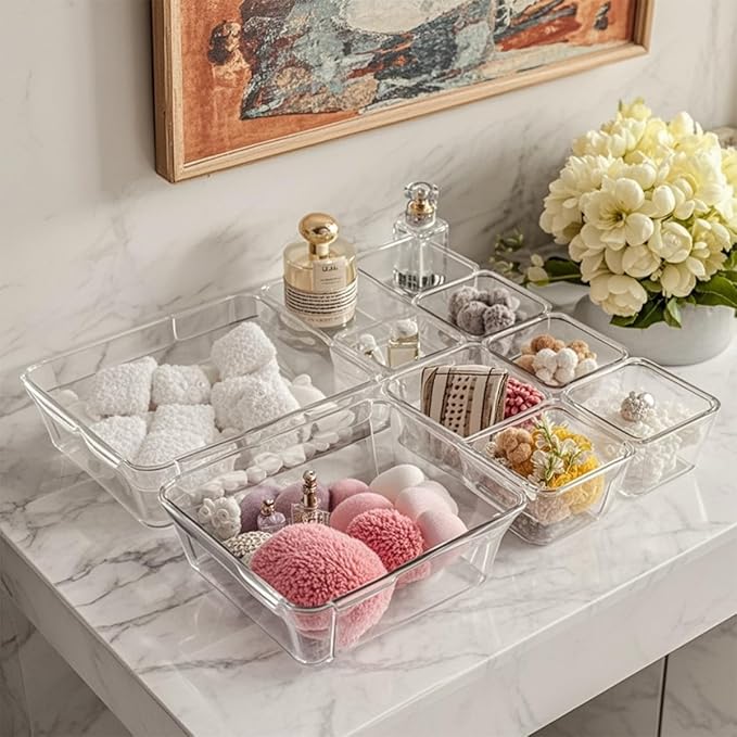 25 PCS Adjustable Desk Drawer Organizer, Acrylic Clear Drawer Organizers, 3 Size Desk Drawer Organizer for Cosmetics, Jewellery, Office, Gadgets, Kitchenware