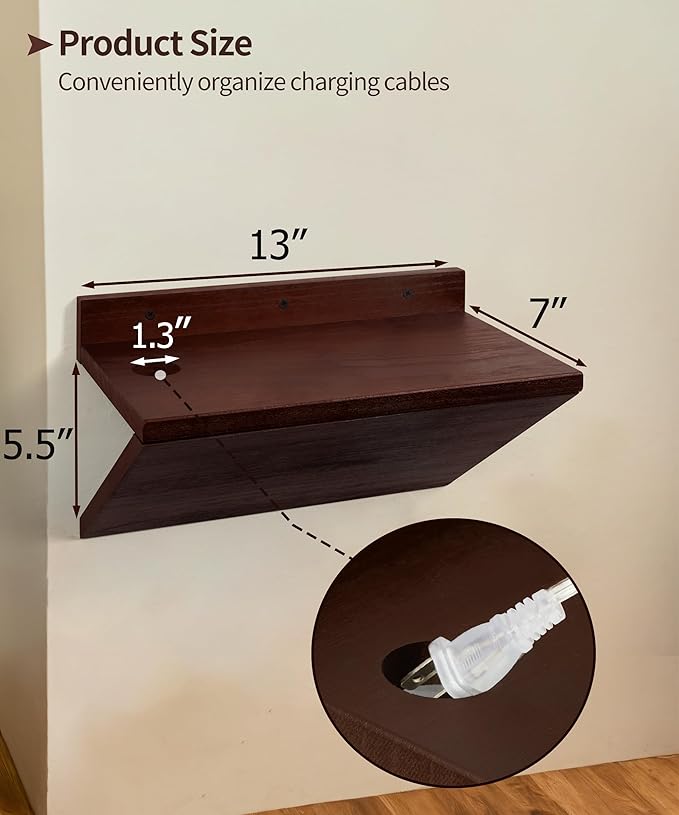 Modern Floating Nightstand Wooden Hanging Bedside Table with Cable Hole Small Wall Mounted Night Stand Shelf Organizer for Bedroom Livingroom 13 Inch Wide 7 Inch Deep