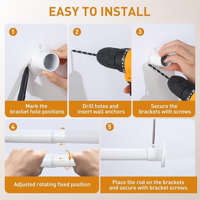 White Adjustable Closet Rod 18-63 Inches, Heavy Duty Metal Clothes Hanging Rod, Rust-Proof Non-Slip Wardrobe Bar for Closet, Laundry Room, RV