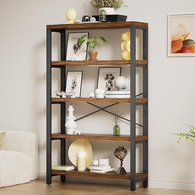 5-Tier 39.37" Wide Heavy Duty Bookshelf, Industrial Wood and Metal Bookshelf, Vintage Bookcase with Lock Wall Design, Living Room Shelf, Rustic Brown