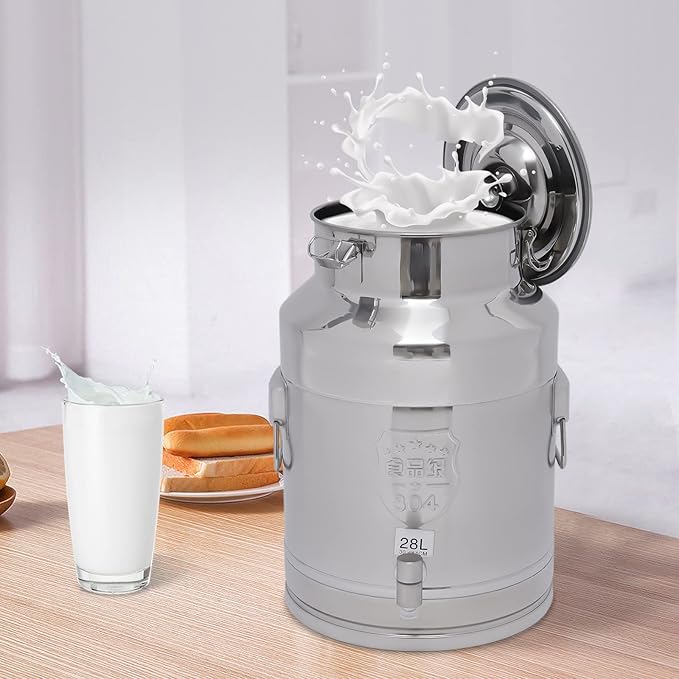 7.4Gallon Milk Can,Milk Bucket Wine Oil Rice Pail Bucket Milk Can 304 Stainless Steel Tote Jug with Sealed Lid and Spigo,For Storing Ghee, Milk, Wine,Wheat,Beans,Tea Leaves,Grains