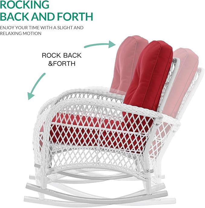 VIVIJASON 2 Piece Patio Wicker Rattan Rocker Chair, Outdoor Rattan Rocker Chair with Cushions & Steel Frame, All-Weather Rocking Lawn Wicker Furniture for Garden Backyard Porch (White Wicker/Red)