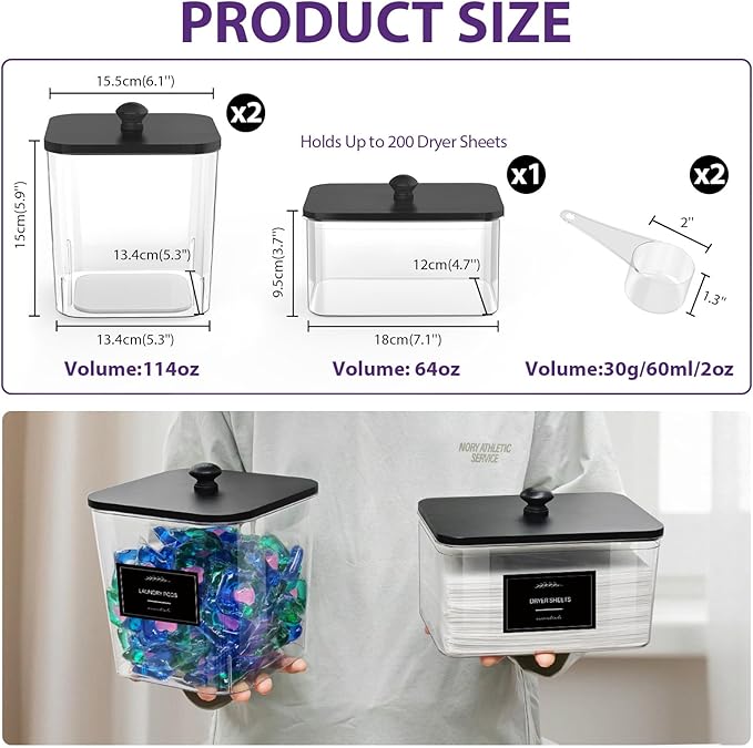 2+1 Pack Clear Laundry Pods Container & Dryer Sheet Holder, Plastic Square Laundry Room Organization and Storage Jars with Black Lids, Scoops & Labels for Detergent, Powder, Dryer Balls