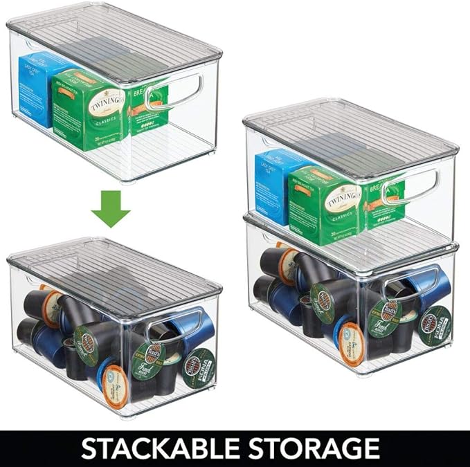 mDesign Plastic Deep Storage Bin Box Container with Lid and Built-In Handles - Organization for Fruit, Snacks, or Food in Kitchen Pantry, Cabinet, Cupboard, Ligne Collection, 4 Pack, Clear/Smoke Gray