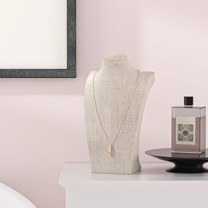 Necklace Bust Display Stand, Necklace Holder, Pendant Chain Necklace Organizer for Women (Yellow Linen, L 4PCS)
