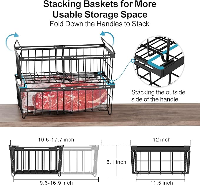 iSPECLE Freezer Organizer Bins - Fit 10 to 20 Cu Ft Chest Freezer, 2 Pack Large Expandable Stackable Deep Freezer Organizer Bins Sort and Easily Get Food without Digging in the Freezer, Black