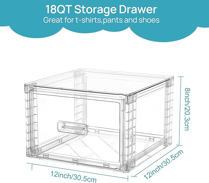 Vtopmart 6 Pack 18QT Clear Stackable Storage Drawers,Easily Assemble Closet Organizers,Plastic Storage Bins for Bathroom,Cabinet,Kitchen Pantry,Under Sink Organization(Medium)