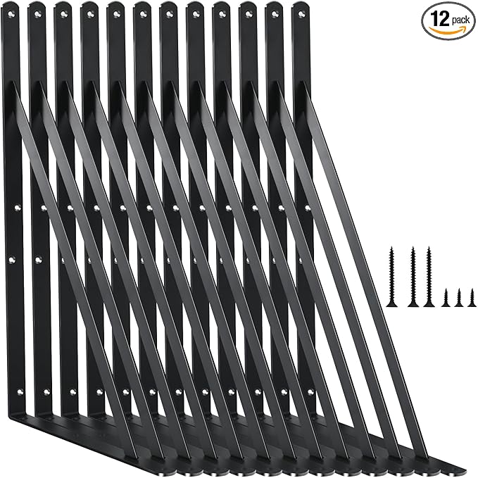 12 Pack L14 x H 10" Black Heavy Duty Shelf Brackets with Screws Metal Shelf Brackets Shelf Support Angle Brackets for Shelves L Brackets Heavy Duty Floating Shelf