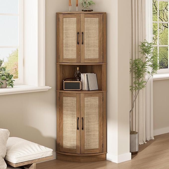 Tall Corner Cabinet, 64.7" Rattan Corner Storage Cabinet with 4 Doors and 5 Storage Shelves, Farmhouse Space Saver, Boho Shelf for Living Room, Kitchen, Bathroom, Office