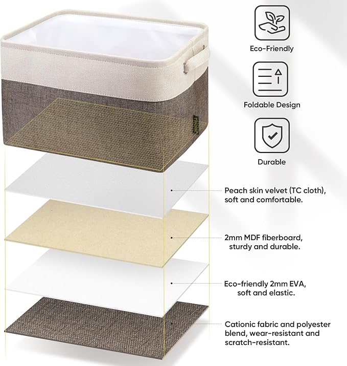BALEINE 4 Pack Fabric Storage Bins for Shelves, Linen Storage Baskets for Organizing, Decorative Closet Bins for Clothes, Home (Brown, 12"x8"x8")