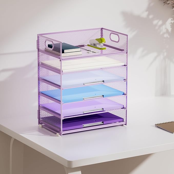 Marbrasse 2 Pack Desk Organizer with Handle, 6 Tier Paper Letter Tray, Mesh Desk File Organizer for Office, School and Home - Purple