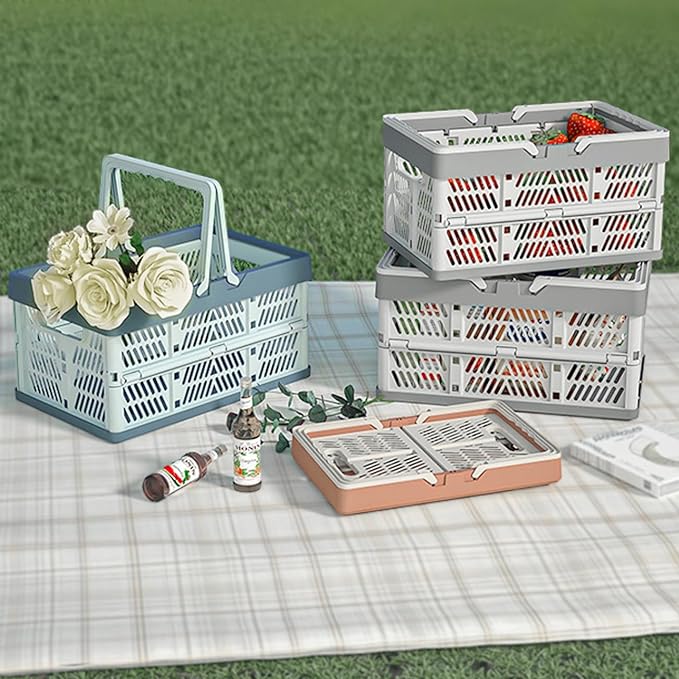20L Plastic Collapsible Storage Crate - Foldable Handle Crate Storage Basket Bin - White & Gray M