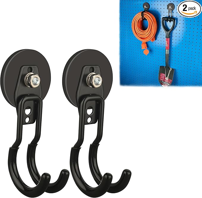 ULIBERMAGNET New Upgraded Garage Magnetic Hooks, 2 Pack Black Heavy Duty Large J Hooks with Magnet, Black Strong Anti-Slip Coating Magnet Hooks for Garden Tools, Ropes,Drill,Metal Cabinet,Pegboard