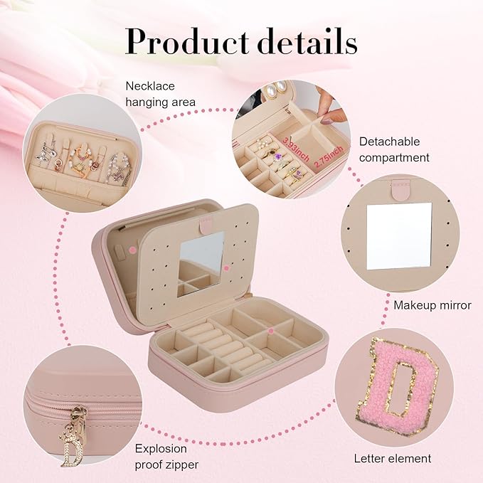 TopPerfekt Travel Jewelry Case, Jewelry Box with Mirror, Jewelry Organizer Bridal Shower Gifts to Her, Earring Storage Travel Case, Trendy Gift for Women and Girls, Girlfriend-Letter D, Pink