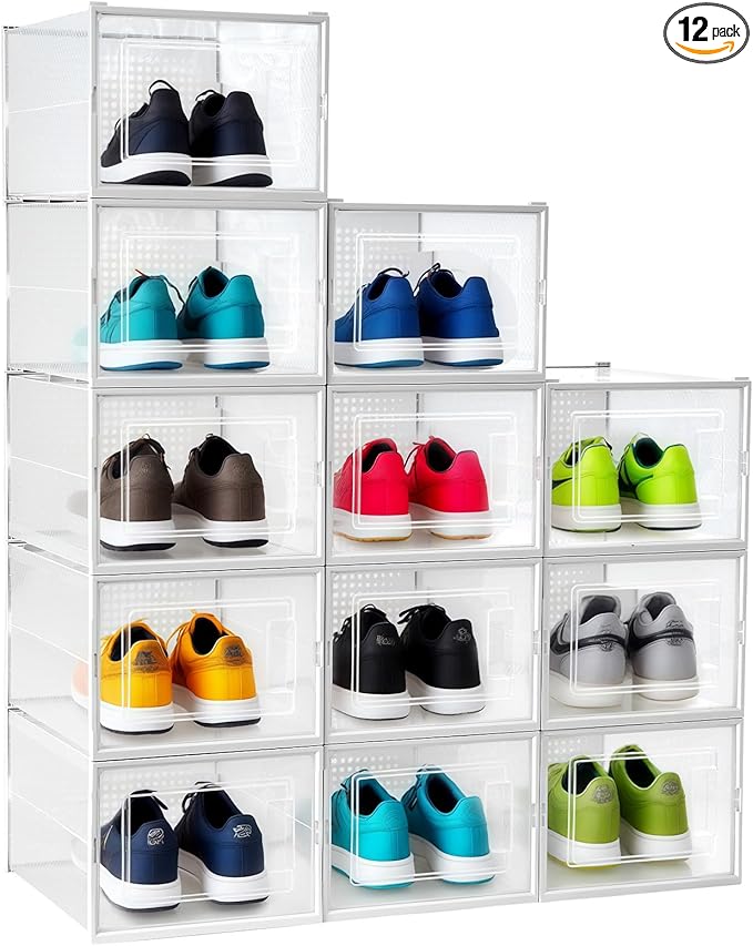 Shoe Boxes, Stack Without Toppling Modular storage boxes combine freely for use in closets, under beds, hallways, and entryways. Space-saving. (Transparent, 12 Pack)