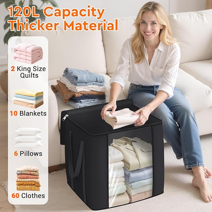120L Extra Large Clothes Storage Bags, Foldable Blanket Storage and Organization, Thick Fabric Containers with Reinforced Handles & Zippers for Clothing, Comforters, Bedding, Black, 4 Pack