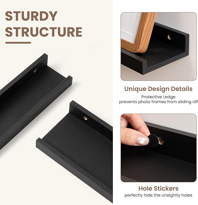 Fun Memories Picture Ledge Shelf, Black Floating Shelves Set of 4, 36 Inch Picture Shelves for Wall with Ledge, Large Nursery Book Shelf for Toys Storage, Living Room, Bedroom Decor Frames