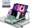 300W Charging Station for Multiple Devices, 8 Port Multi USB C Fast Charger Station Dock for MacBook iPhone 16/15/14/13/12 Samsung Pixel Series iPad, Green (6 Mixed Short Cables Included)