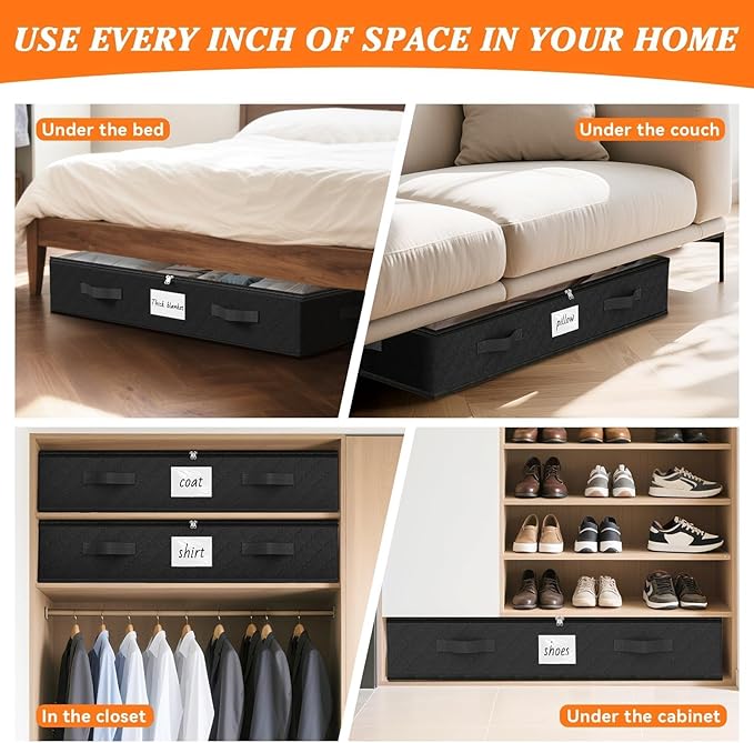 SpaceWhisper 90L Under Bed Storage Containers, 6-Pack Storage Bins with Clear Top, Foldable Closet Organizers and Storage with Label Holder for Clothing, Blankets, Comforter & Pillows(Black)