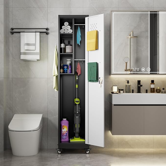 72''H Metal Broom Closet Storage Cabinet with Wheels & Pegboards, Mops Broom Closet Organizer with Locking Door & Hanging Rod,Cleaning Tool Garage Cabinet,Assembly Required,Black Gray