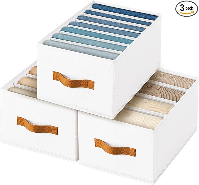 Clothes Organizers and Storage - 4/5/7 Grids Fabric Jeans Organizer with Handles, Foldable Closet Organizers Dividers, Wardrobe organizer for Pant, Sweater, T-shirt, Scarf, 3 Pack, White