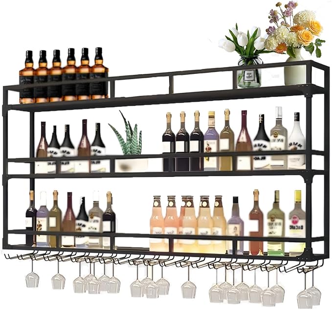 70.8in Wall Mounted Wine Rack, Wine Rack Wall Mounted with Wine Glass Rack, Metal Bar Bottle Display Shelf Wine Cups Hanging Holder, for Home Bar Cafe Decoration (Black, 70.8 * 10 * 35.5IN)