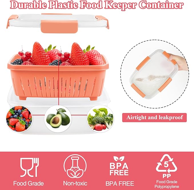 68oz Berry Keeper Fruit Storage Container for Fridge, Fresh Food Produce Saver Containers with Removable Drain Colander, Vegetable Lettuce Keeper Bowl, Refrigerator Organizer, PRESS TO OPEN CLOSE LID