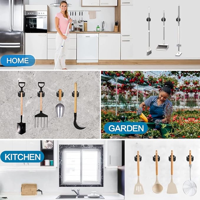 6PCS Broom and Mop Holder, Heavy Duty Garden Tool Organizer Rack Rake and Shovel Handle, Stainless Steel Mop Hanger. Wall Mounted Utility Rack with Screws, Silver.