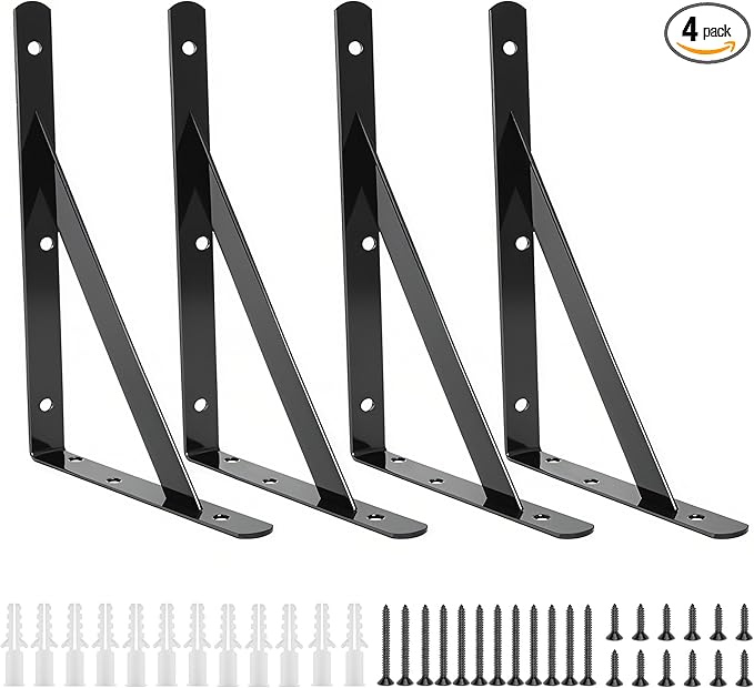 4 Pack L10 x H 6" Heavy Duty Shelf Brackets with Screws Open Floating Shelving Bracket L Brackets Black Metal Shelf Brackets for Shelves, Room, Pantry,Garage