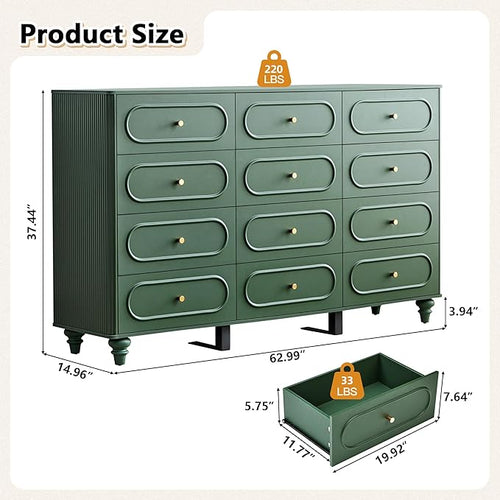 12 Drawer Fluted Dresser for Bedroom, Mid Century Modern Chest of Drawers, Wood Storage Small Dresser Organizer for Bedroom Living Room Hallway Closet, Green