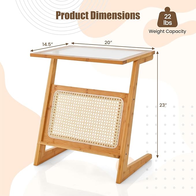 GOFLAME Rattan Side Table Set of 2, Z-Shaped End Table with Magazine Rack, Bamboo Sofa Side Accent Table with Glass Top, Small Boho Nightstand, Bedside Table for Small Space, Living Room, Bedroom