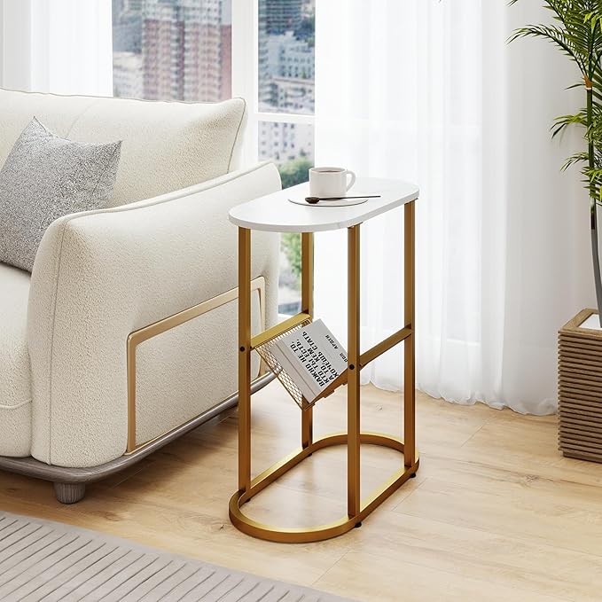 Tangkula Oval Narrow Side Table, 2-Tier End Table w/Mesh Magazine Rack, Steel Frame, Industrial Nightstand, Compact Sofa Bedside Table for Living Room Bedroom, White & Gold
