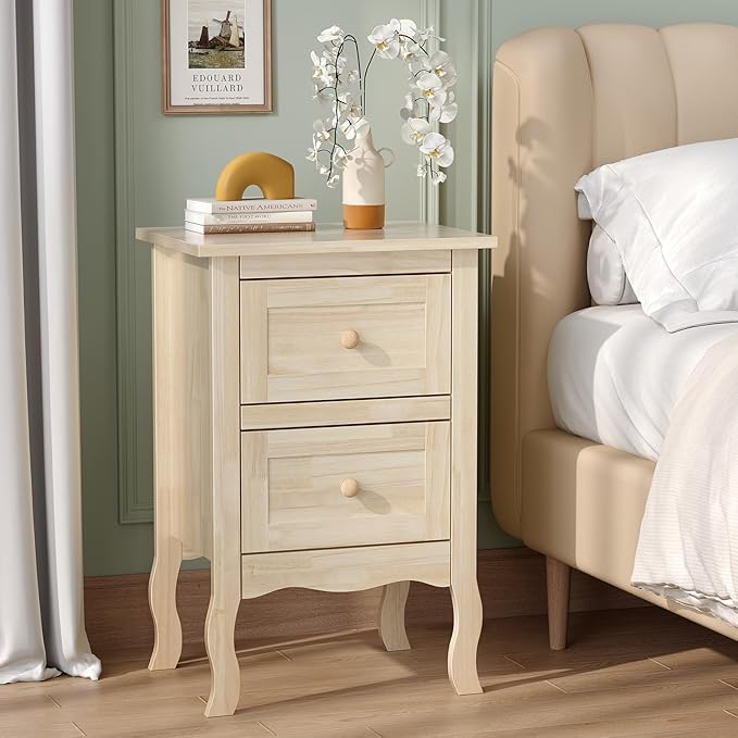VINGLI Unfinished Solid Wood Nightstand for Color DIY, Small Nightstand for Bedroom, Natural Wood Night Stand with Drawers, Light Wood Night Stand, Real Wooden Bed Side Table/End Table