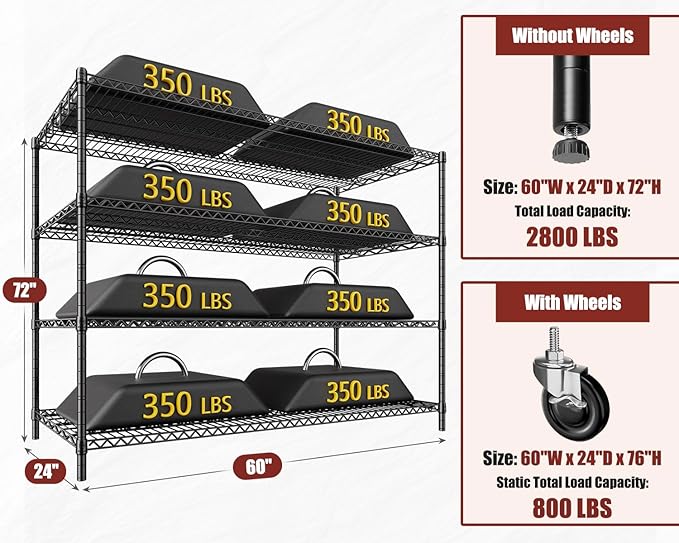 PrimeZone 60" W x 24" D x 76" H Heavy Duty Wire Storage Shelves with Wheels, 4 Tier Adjustable NSF Certified Garage Shelving Unit, Rolling Metal Organizer Shelf Rack for Warehouse, Pantry, 4 Packs