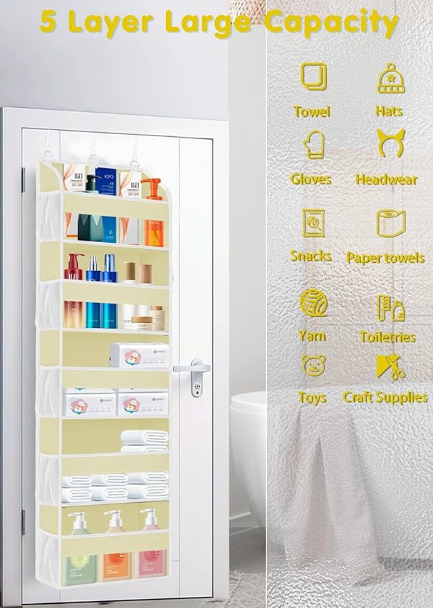 2 Pack Over The Door Storage Organizer with 5 Pockets 10 Mesh Pockets, 44 lbs Weight Capacity Door Hanging Organizers and Storage for Bedroom,Bathroom,Nursery,Kidroom,Babyroom