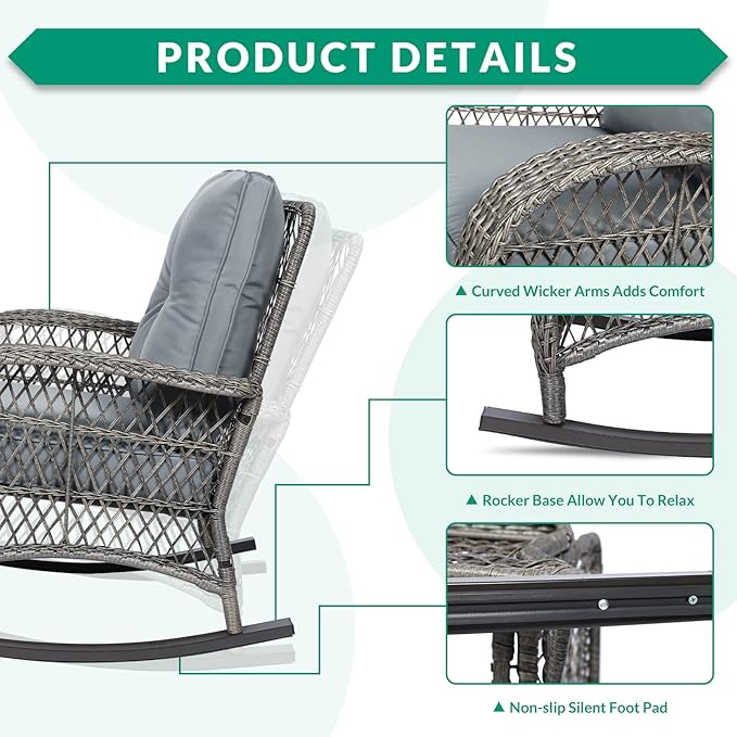 VIVIJASON Outdoor Wicker Rocking Chair, Patio Rattan Rocker Chair with Cushions & Steel Frame, All-Weather Rocking Lawn Wicker Furniture for Garden Backyard Porch (Grey)