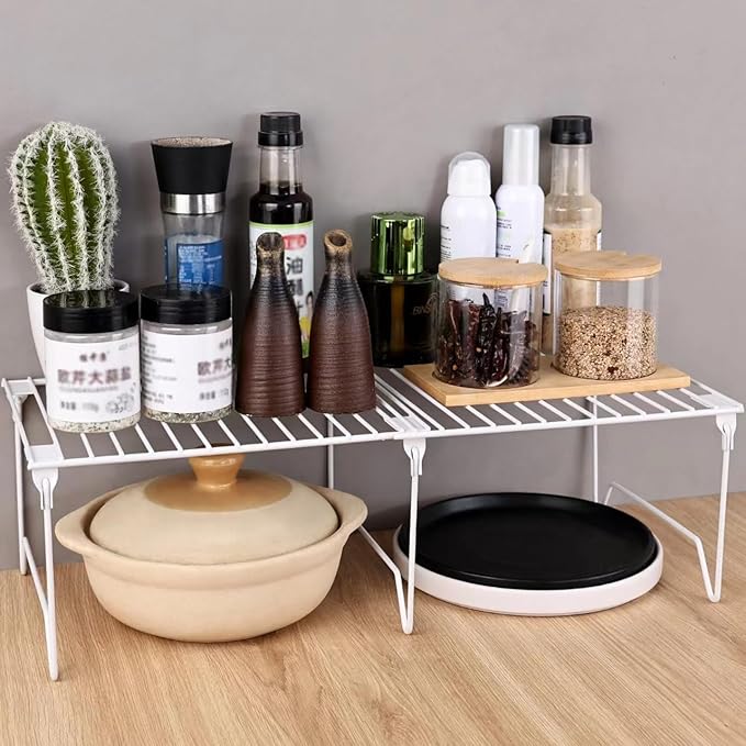 1/2-Piece Set freezer organizer,Stackable Cabinet Organizer Shelves,Foldable Pantry Shelf,Plate, Dish,Rustproof Metal Storage Organizer (1 PC, black)
