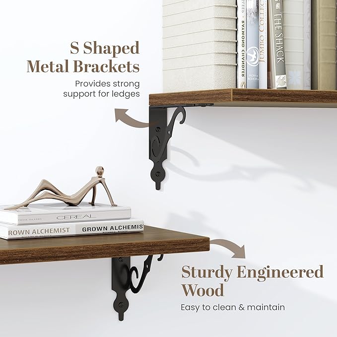 Fun Memories Large Floating Shelves for Wall 48 Inches Long, 8 Inch Deep Shelves with Metal Bracket, 48 Inch Floating Shelves Wall-Mounted, Wide Display & Storage Bookshelves, Walnut, Set of 2