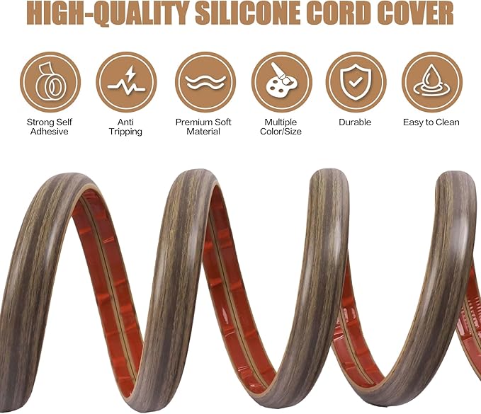 Floor Cord Cover Self Adhesive Cord Hider,3.3FT Cable Management, Extension Strip Protector for Wires, Prevent Cable Trips for Offices, Gyms, Exhibitions Cavity:0.39"(W) x 0.27"(H) Wood Walnut