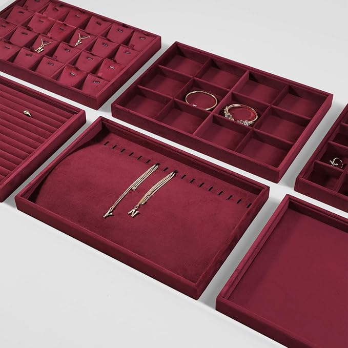 Velvet Jewelry Display Tray For Bracelet Pendant Necklace, Multi-Slot Stackable Storage Tray For Long Chain Jewelries, Drawer Insert Jewelry Organizer (Red)