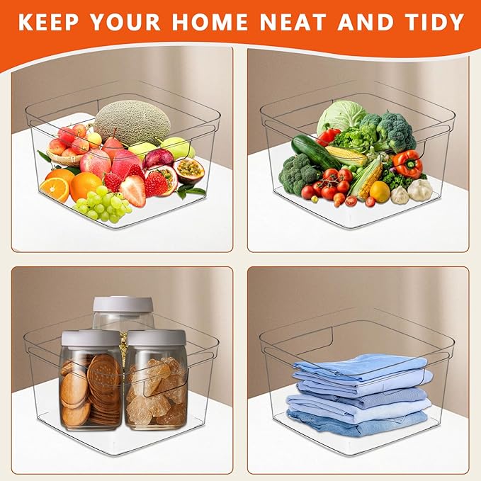 MOONEDGE 4-Pack Clear Plastic Storage Bins — Open-Top PET Organizers, 10" x 10" x 6" Storage Containers Ideal for Pantry, Fridge, Shelf and Counter Organization, Small Storage Bins for Home